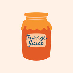 Jar with orange juice or honey. Illustration with village aesthetics in flat design. Cartoon minimalist cozy clip art. Cottagecore. Farm life.