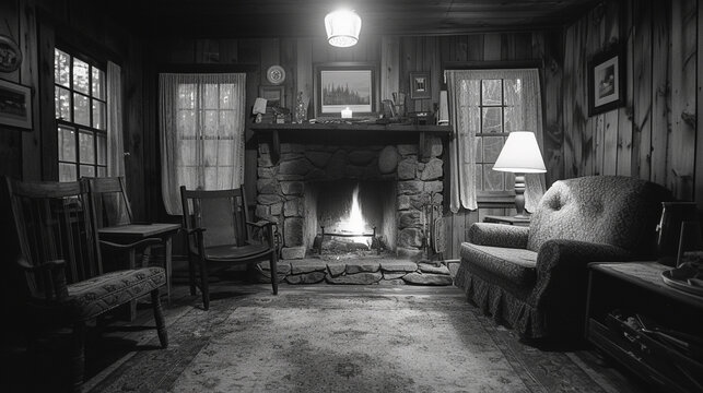 image of a rustic cabin interior, fireplace, vintage furniture, earth tones, inviting, film camera, standard lens, night, fine art photography, Ilford HP5 Plus