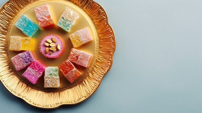A gold plate of sweets with nuts on it