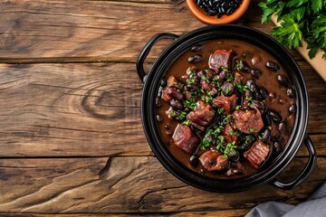 Top view of traditional Brazilian dish feijoada in black clay bowl on a wooden table with copy space