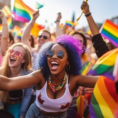 Stock image of LGBTQ pride parades with diverse participants celebrating love, diversity, and inclusivity Generative AI