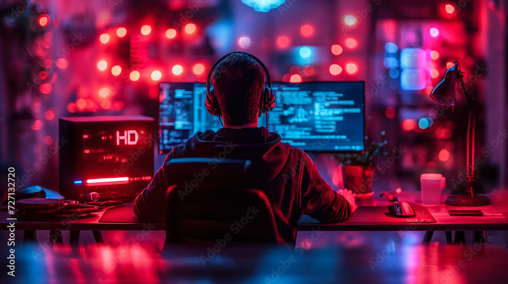 Poster focused cybersecurity expert analyzing code in a neon-lit room, intently working on computer with hd
