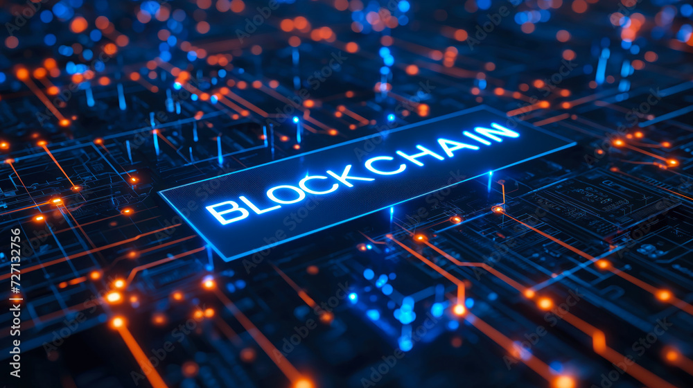 Poster digital blockchain revolution: cryptographic blocks connected in a network symbolizing secure, decen