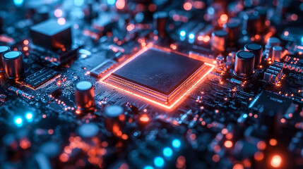 Fototapeta na wymiar Cutting-Edge Electronics and Semiconductor Chips: A detailed view of an illuminated printed circuit board with lit pathways and microprocessors emitting light, signifying state-of-the-art technology
