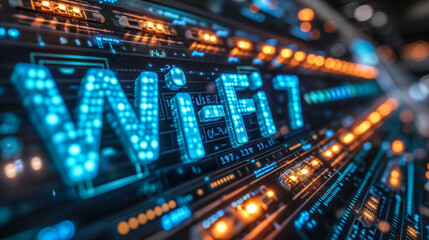 Next-Generation Wireless Technology: The concept of Wi-Fi 7 connectivity showcased through illuminated text on a dynamic, high-tech server background