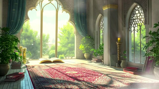 Ramadan Kareem background featuring an open Quran, loop video background animation, cartoon anime style, for vtuber / streamer backdrop