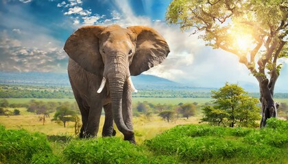 An giant elephant posing in the nature, beautiful scenery, sunny weather, standing still