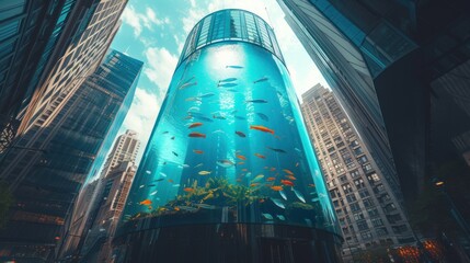 A giant fish tank shaped like a city tower.