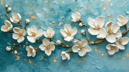 Poster flowers on blue background, a set of white flowers painted on a blue background, in the style of soft and dreamy tones, light beige and gold, soft atmospheric © suphakphen