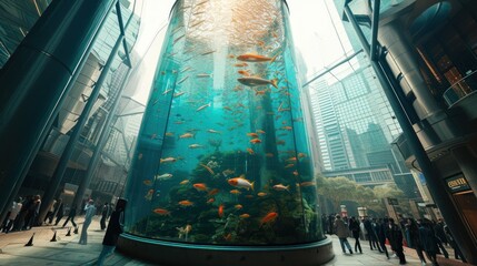 A giant fish tank shaped like a city tower.