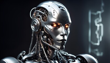 A cyborg robot with a sleek, futuristic design, combining the best of human and machine features. The robot has a humanoid body with a metallic finish, and its face features a blend of human and robot