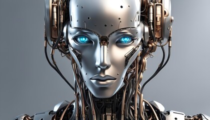 A cyborg robot with a sleek, futuristic design, combining the best of human and machine features. its face features a blend of human and robot