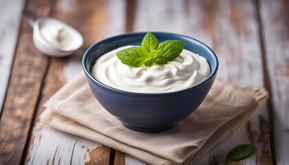 Obraz na płótnie Canvas Bowl of tasty sour cream on wooden background 