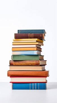 Stock image of a stack of books on a white background, educational and organized Generative AI