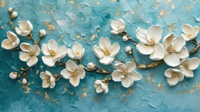 flowers on blue background, a set of white flowers painted on a blue background, in the style of soft and dreamy tones, light beige and gold, soft atmospheric