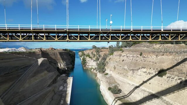Corinth Canal Connecting The Gulf Of Corinth With Saronic Gulf In Aegean Sea, Greece - aerial drone shot