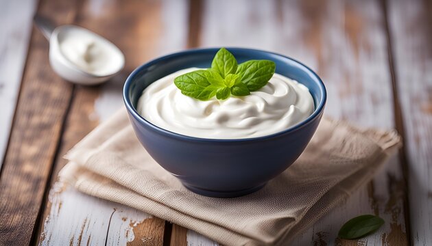 Bowl of tasty sour cream on wooden background
