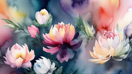 Fototapeta na wymiar Delicate, colorful water-color wallpaper with beautiful spring flowers. Illustration 4K