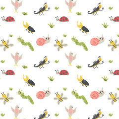 cute caterpillar and snails, birds, bee seamless pattern. Vector illustration can used for baby textile background, wallpaper, poster and decoration.  - obrazy, fototapety, plakaty