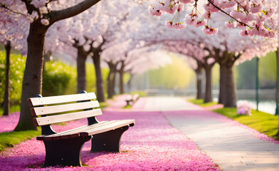 Empty park bench under blooming cherry trees in spring, soft morning light filtering through petals. Generative AI