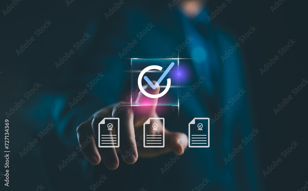 Poster Client's service and guarantee check mark in business automation, Businessman with guarantee check for client service, business automation, quality management, online shopping, and financial ecosystem
