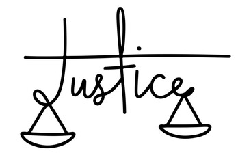 One Line continuous drawing of text "justice" and a Libra.Libra icon. Doodle vector illustration