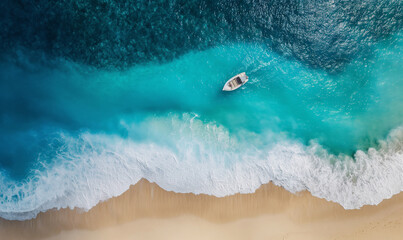 Top view of wave of blue sea with boat and sand beach.