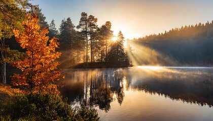 Fototapety  Jesienny, mglisty poranek nad jeziorem. Tapeta, dekoracja. Generative AI