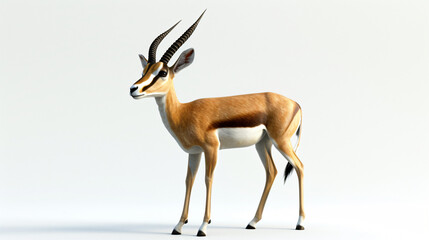 A mesmerizing art piece capturing the elegance of a gazelle in a stunning 3D style, beautifully rendered with exceptional detail. This graceful creature stands out against a pure white backg