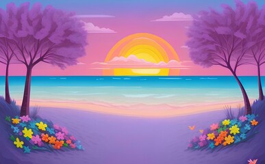 Fototapeta na wymiar Beautiful and Peaceful Nature Scenery Illustration, Landscape, Countryside, Tranquil, Vibrant and Colorful