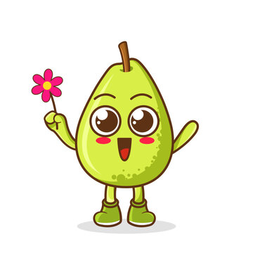 Cute cartoon pear fruit character holding flower
