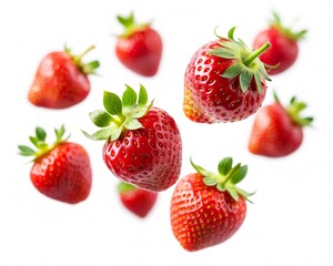 falling strawberries isolated on white