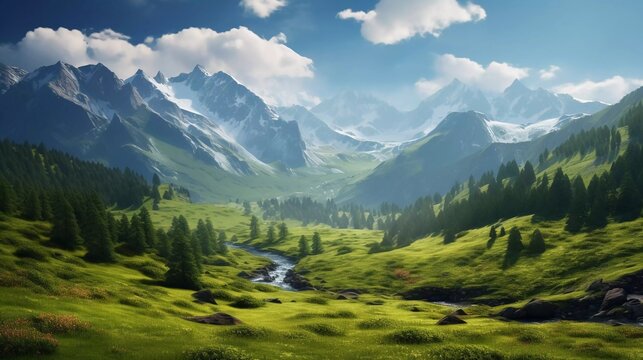 realistic photo of a beautiful summer afternoon in the mountains. trees on the hill with green leaves. sunny weather with fluffy clouds in the sky. generative ai