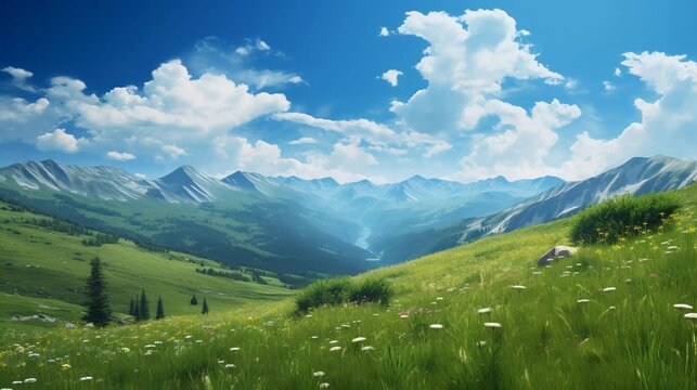 realistic photo of a beautiful summer afternoon in the mountains. trees on the hill with green leaves. sunny weather with fluffy clouds in the sky. generative ai