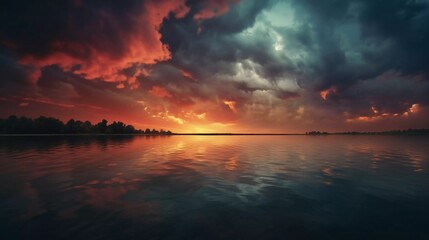 Fototapeta na wymiar realistic photo of beautiful cloudy atmosphere at sunset on the lake. generative ai