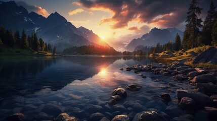 realistic photo A serene sunset on the shore of a lake between several mountains. generative ai