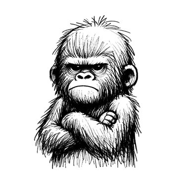 A gorilla with a grumpy expression, arms crossed, in the style of childish hand drawn drawing