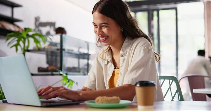 Laptop, breakfast and woman in coffee shop working on creative freelance project on internet. Research, technology and young female person with food and typing on computer in cafe or restaurant.