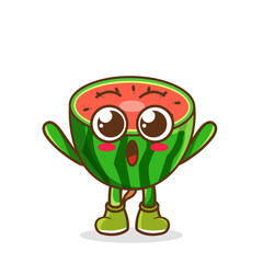 watermelon fruit raise hands up. Illustration of a cute watermelon character who is pleased with both hands raised