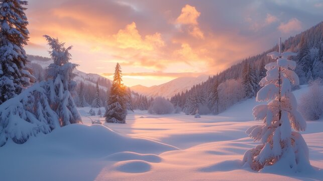 Winter landscape, a snowy valley beneath a blanket of twilight. Coniferous woods. 