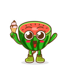 Cute Cartoon watermelon fruit character holding ice cream cone