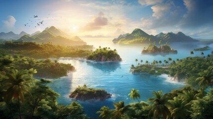 Fototapeta na wymiar A bird's eye view capturing an exquisite archipelago of islands dotted with coconut groves, swaying palms, and sun-kissed beaches bathed in golden sunlight Generative AI