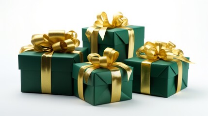 5 green gifts wrapped with golden ribbon on a white isolated background Generative AI