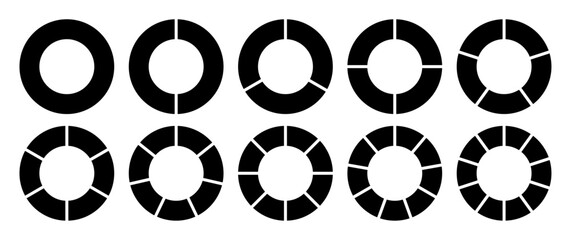 Circle divided into 1-10 parts in black color. Hollow circle segmented into 1-10 parts diagram graph icon set. Pie shape section chart in ten parts black colour. Hollow circle divided in ten parts.