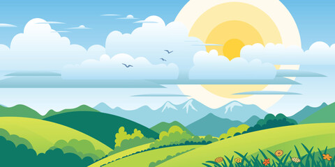 Obraz premium View of spring landscape, green meadows and hills, sun in the clouds, vector illustration 