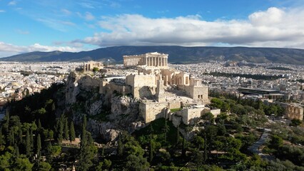 Fototapeta na wymiar Acropolis in Greece, Parthenon in Athens aerial view, famous Greek tourist attraction, Ancient Greece landmark drone view - sigthseeing destination Unesco Heritage world in Atene 