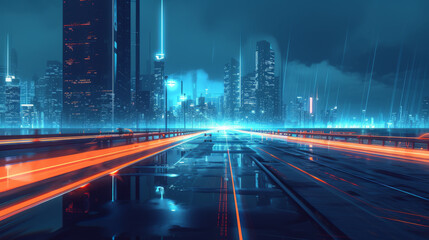 The city lights are coming up behind the road with modern code. - obrazy, fototapety, plakaty