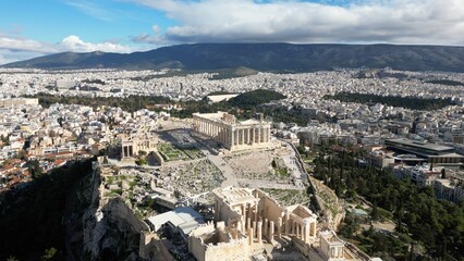 Fototapeta na wymiar Acropolis in Greece, Parthenon in Athens aerial view, famous Greek tourist attraction, Ancient Greece landmark drone view - sigthseeing destination Unesco Heritage world in Atene 