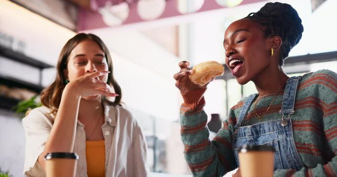 Donut, toast and friends at coffee shop for brunch snack, fun or bonding with cake celebration. Dessert, cheers or women at restaurant with sugar food, conversation and holiday, vacation or reunion