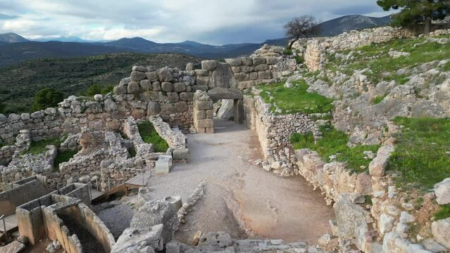Aerial view by drone of archaeological site of ancient citadel of , north-eastern Peloponnese, Greece - Greek settlement of the 12th century BC. e. with the ruins of the acropolis Agamennone 